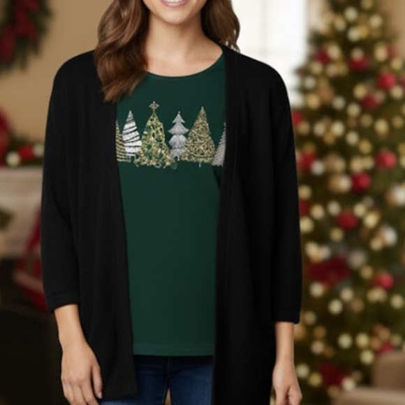 Karen Scott Whimsy Tee Women’s Petite Medium Spruce Night Christmas Trees Stones - Picture 10 of 10